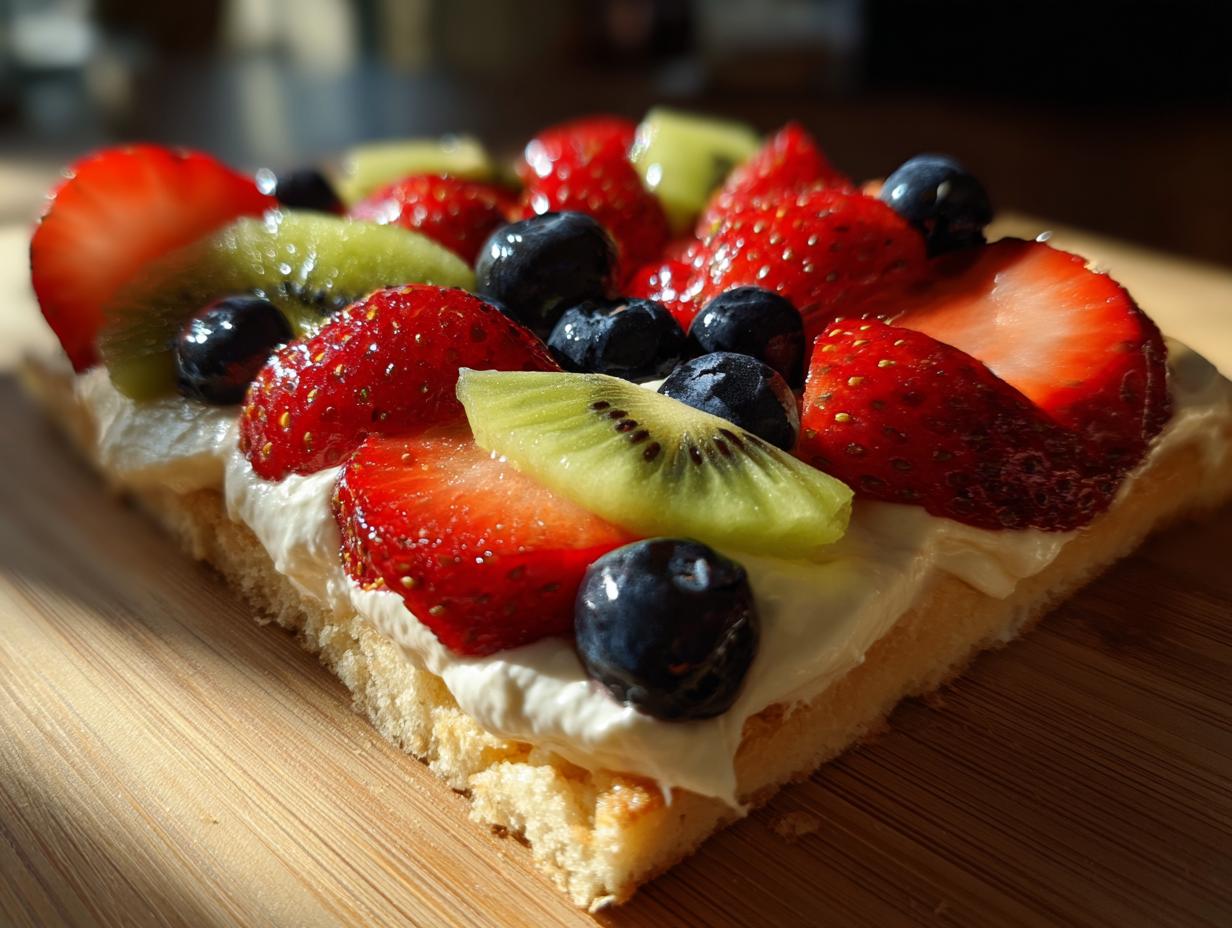 Close-up of a slice of fruit pizza sugar cookie topped with cream cheese frosting, strawberries, kiwi, and blueberries.