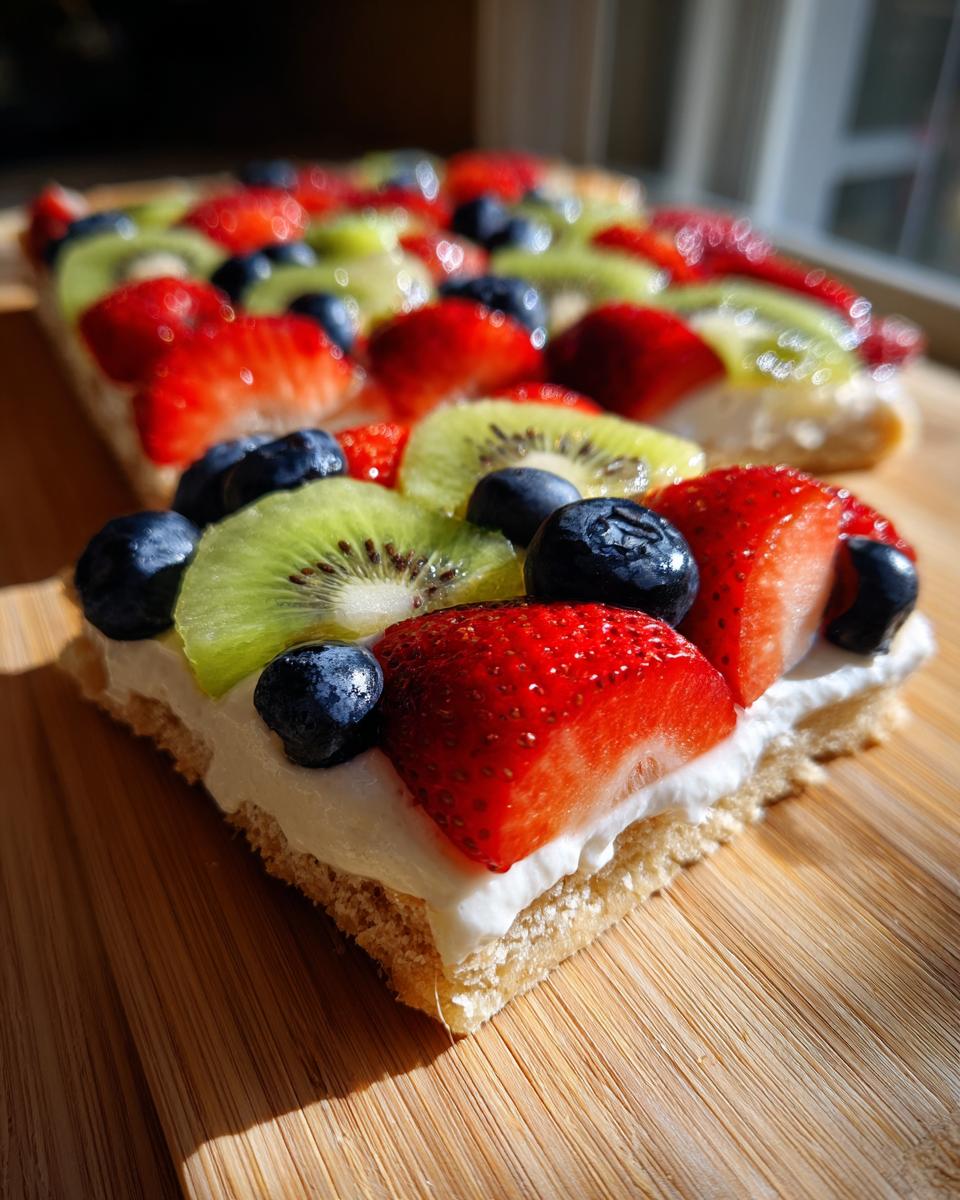 Close-up of a slice of fruit pizza sugar cookie topped with cream cheese frosting, strawberries, blueberries, and kiwi.