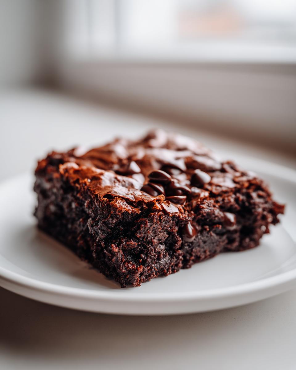 A close-up of a rich, fudgy sweet potato brownies square topped with melted chocolate chips on a white plate.