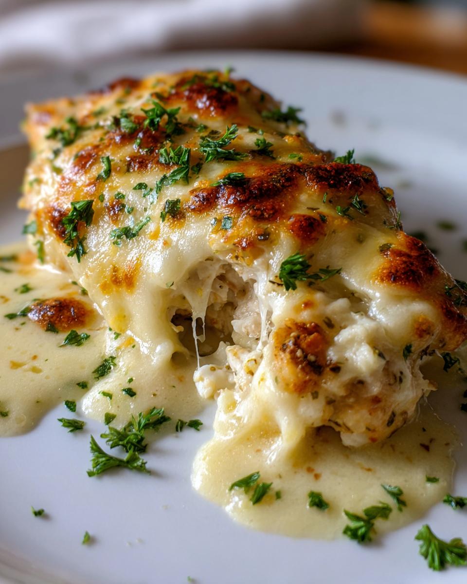 Close-up of a tender Garlic parmesan chicken bake covered in melted, browned cheese and fresh parsley.
