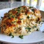 A juicy piece of Garlic parmesan chicken bake covered in melted, browned cheese and creamy sauce, topped with fresh parsley.