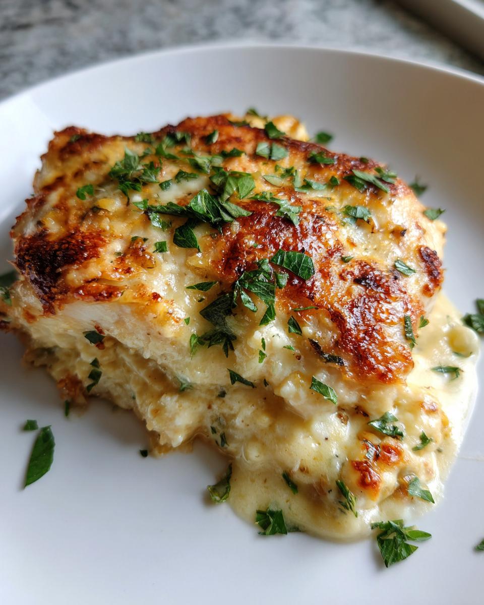 Close-up of a serving of creamy Garlic parmesan chicken bake, topped with browned cheese and fresh parsley.