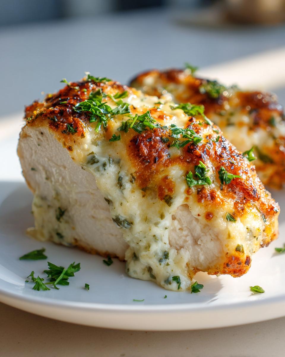 Close-up of a cross-section slice of Garlic parmesan chicken bake, showing juicy white meat topped with melted, browned cheese and fresh parsley.