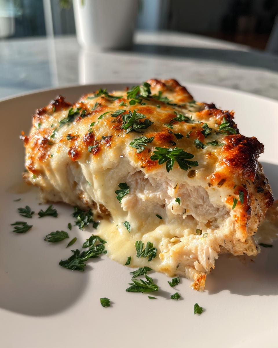 A cross-section of juicy Garlic parmesan chicken bake topped with melted, browned cheese and fresh parsley.