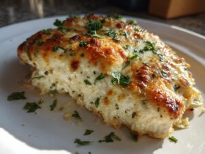 Close-up of a cheesy slice of Garlic parmesan chicken bake with a golden-brown top and fresh parsley garnish.