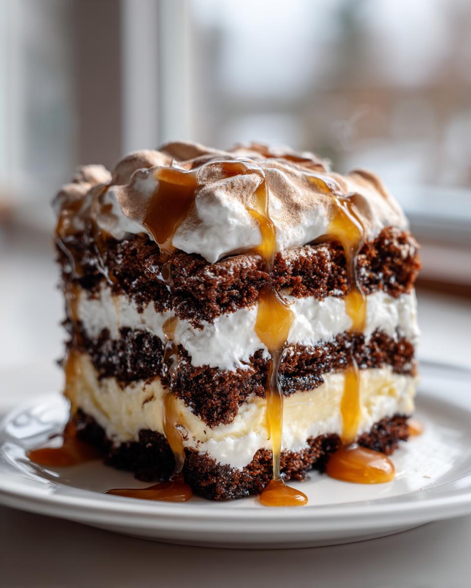 A tall, layered slice of gingerbread trifle featuring dark cake, white cream, and a rich caramel sauce drizzled over the top.