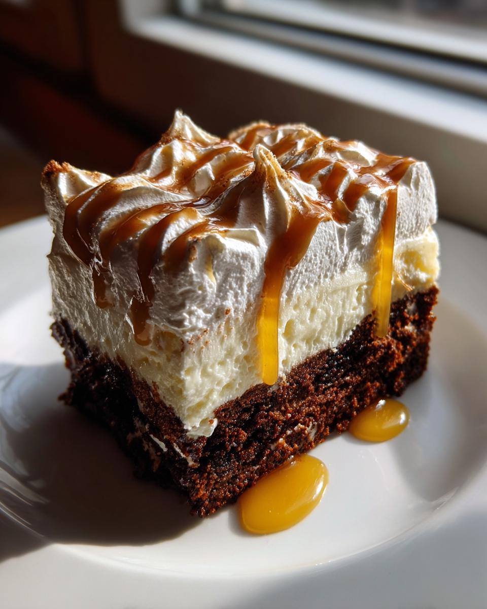 A square slice of gingerbread trifle featuring a dark cake base, white cream layer, and topped with whipped cream and caramel sauce.