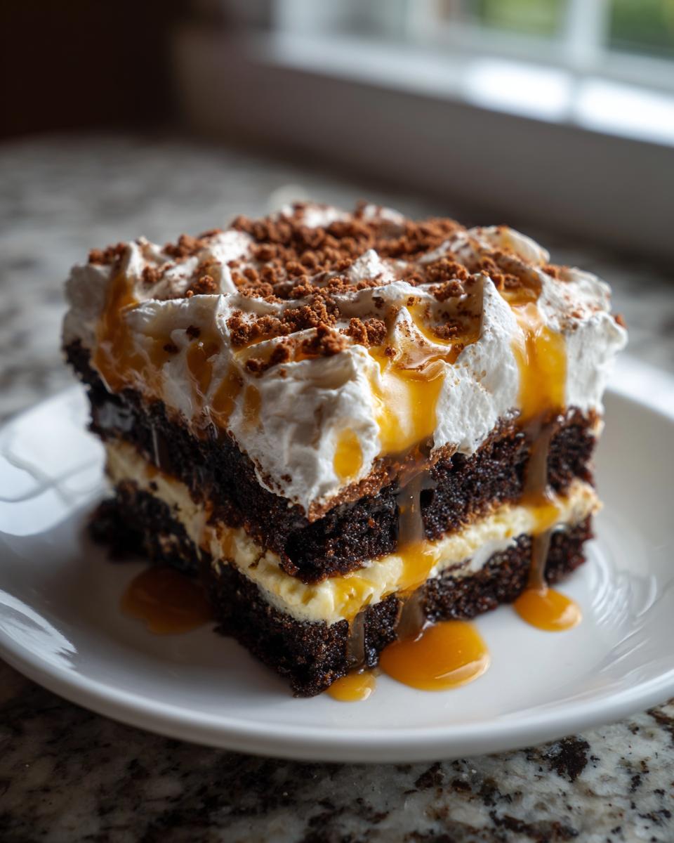 A rich slice of gingerbread trifle featuring dark cake layers, cream filling, whipped topping, and caramel sauce.
