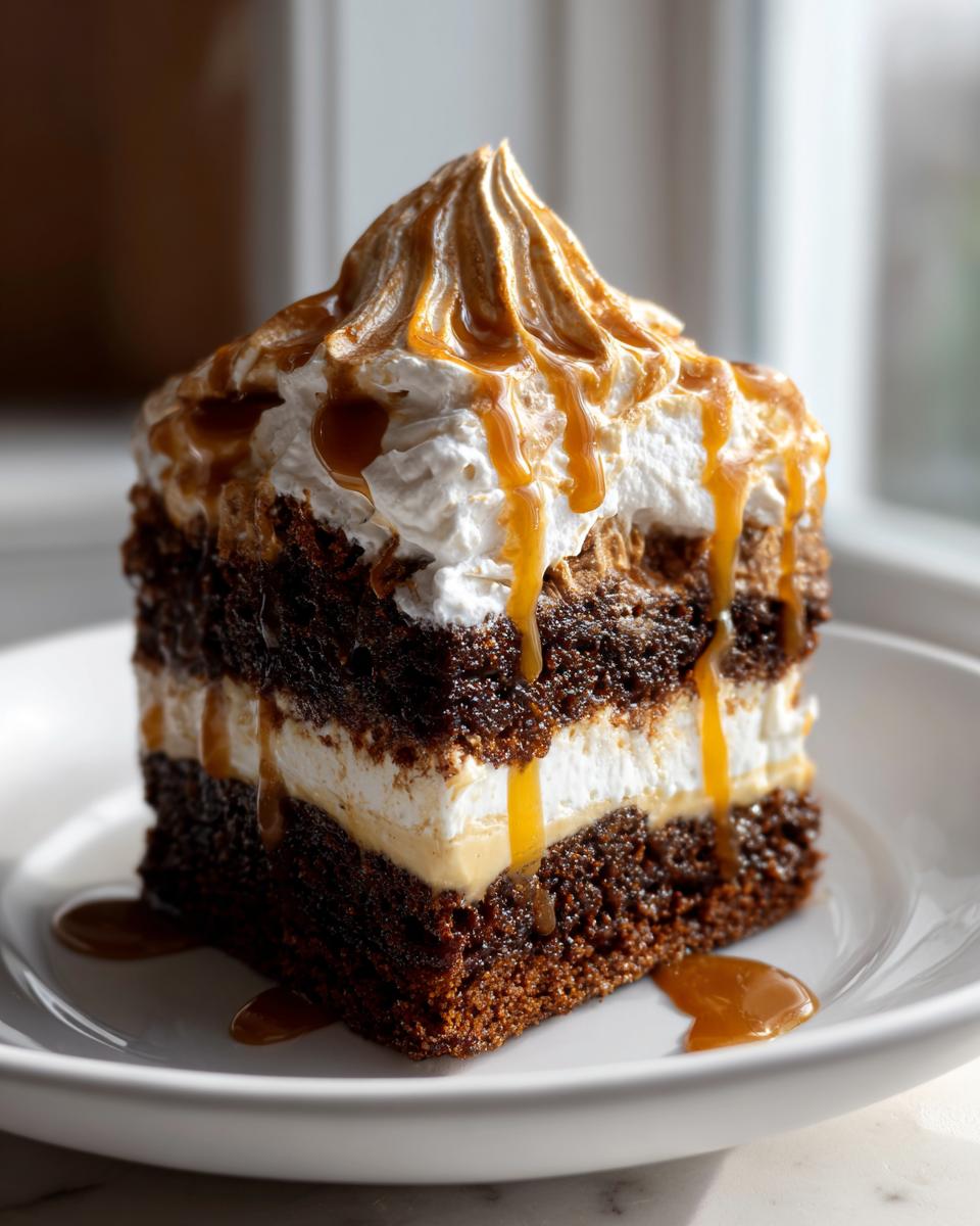 A tall, layered slice of gingerbread trifle featuring dark cake, cream filling, and topped with whipped cream and caramel sauce.