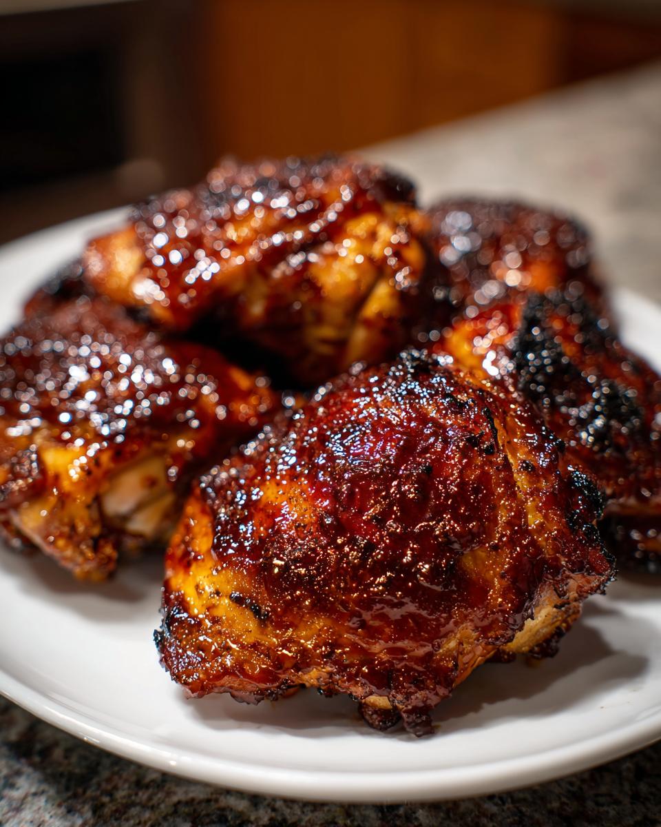 Close-up of several pieces of glistening, glazed bbq chicken thighs piled on a white plate.
