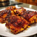 Close-up of four pieces of perfectly cooked, glazed bbq chicken thighs with a rich, dark, caramelized crust.