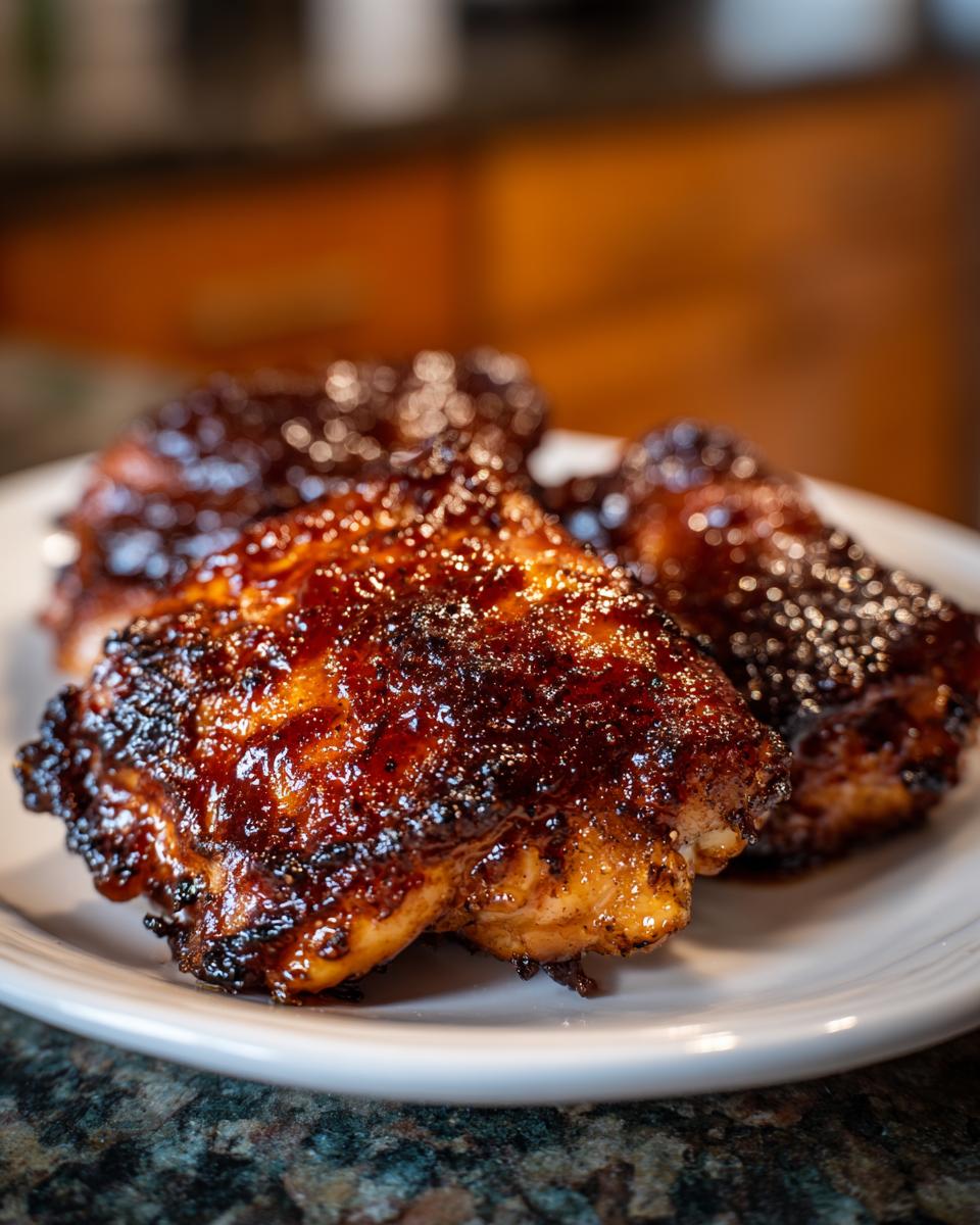 Close-up of juicy, glazed bbq chicken thighs with a dark, caramelized sauce on a white plate.