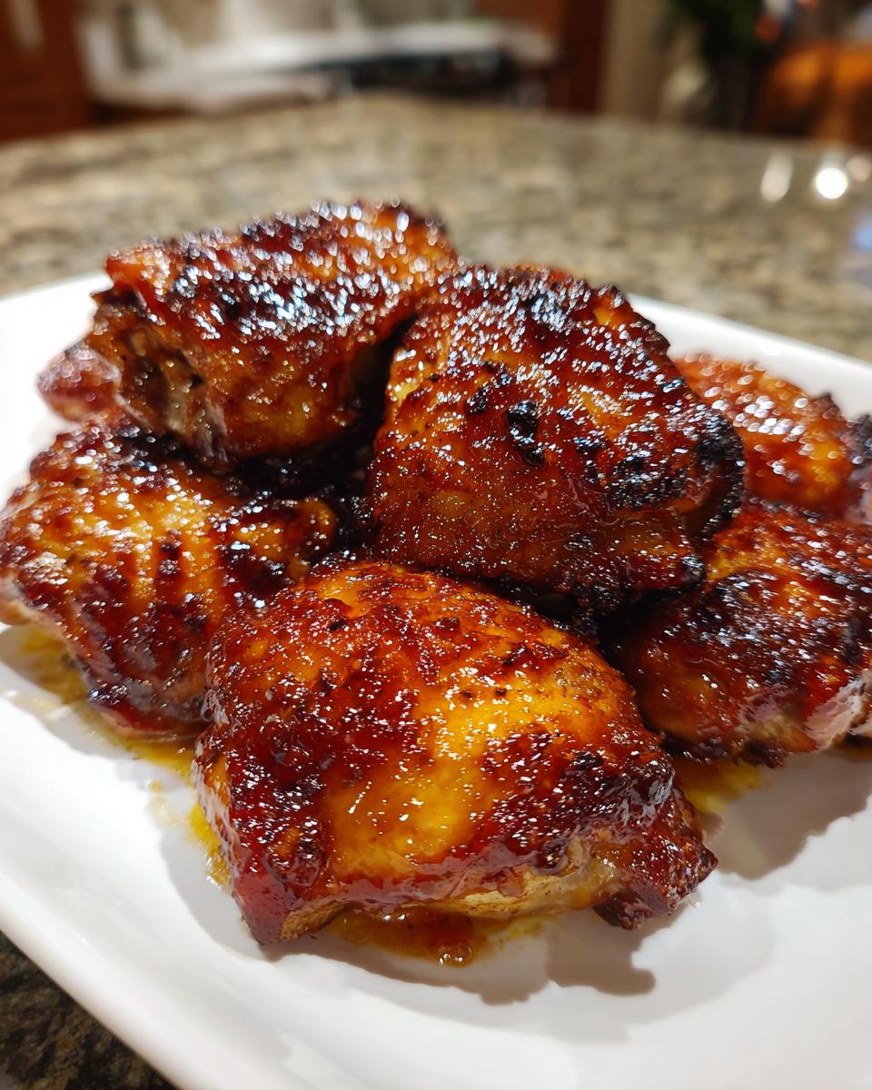 Close-up of several pieces of glistening, caramelized bbq chicken wings or thighs served on a white plate.
