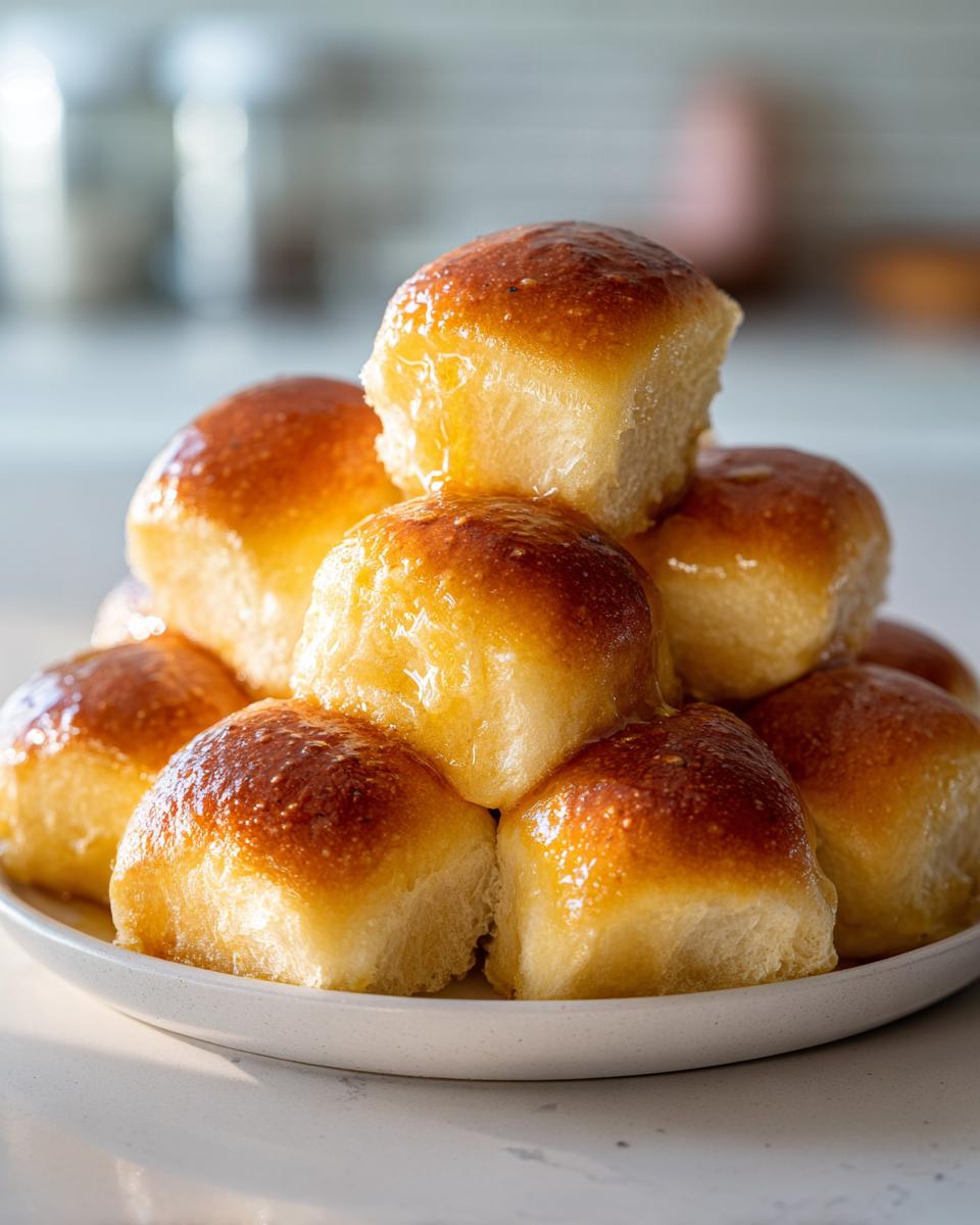 A stack of fluffy, golden-brown sourdough discard rolls covered in a shiny, sweet glaze.