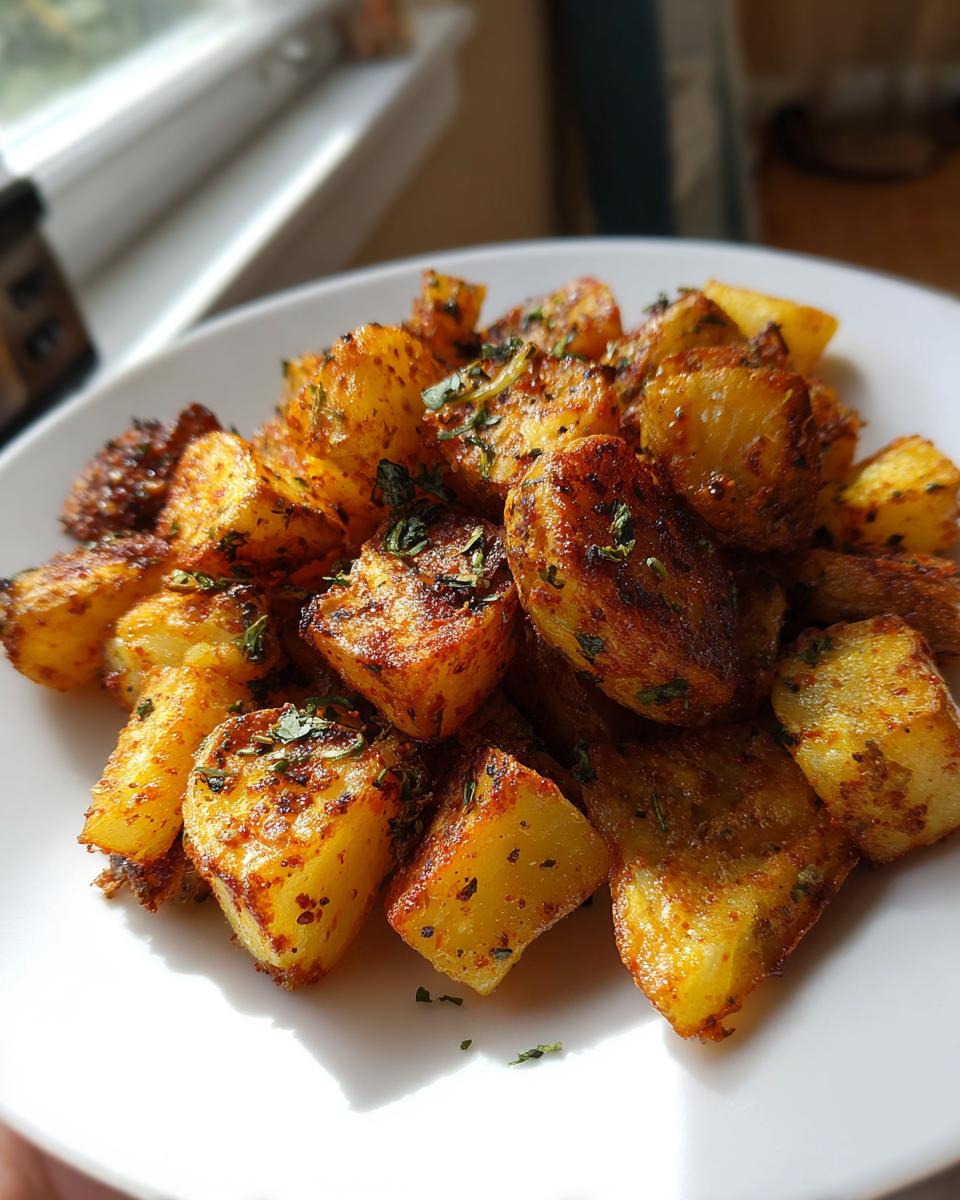 Close-up of golden, crispy seasoned breakfast potatoes piled on a white plate.