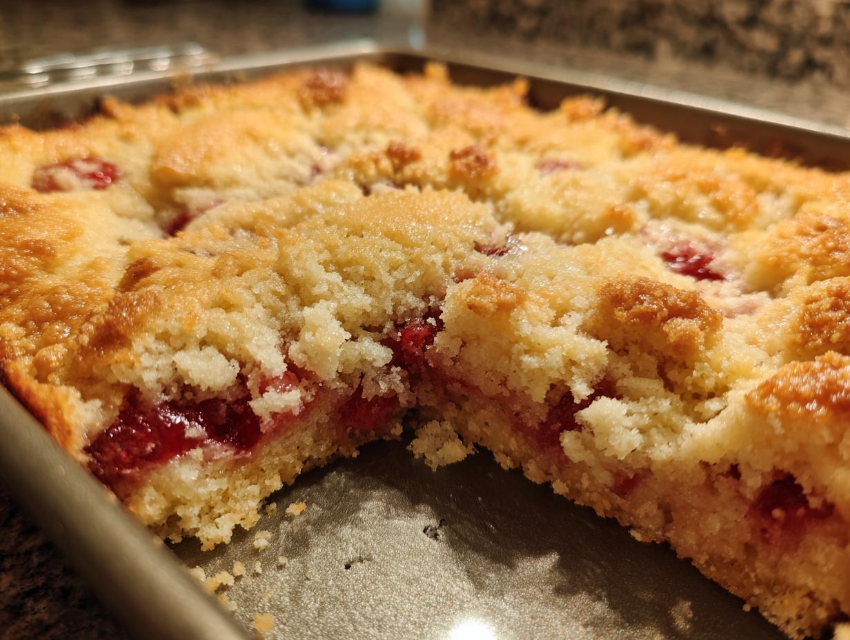 Close-up of a freshly baked cherry dump cake in a pan, showing the golden crumb topping and bright red cherry filling.