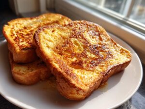 Three golden brown slices of easy french toast stacked on a white plate near a window.