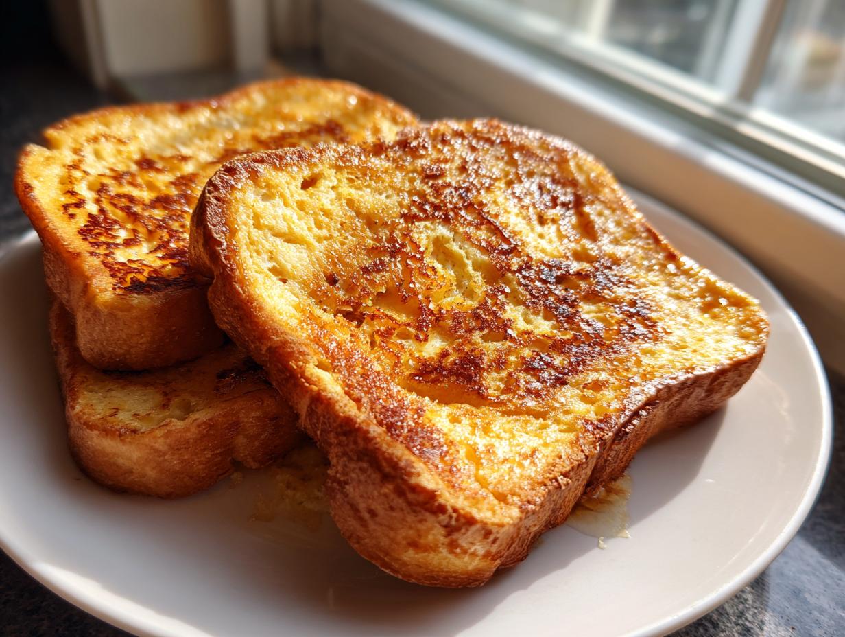 Three golden brown slices of easy french toast stacked on a white plate near a window.