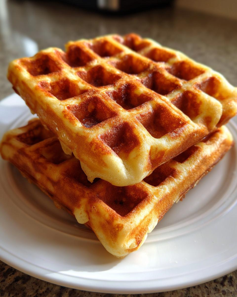 Two golden brown, perfectly cooked high protein waffles stacked on a white plate.