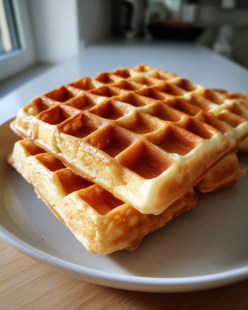 Close-up of two golden brown high protein waffles stacked on a light gray plate.
