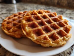 Two golden brown, perfectly cooked high protein waffles stacked slightly on a white plate.