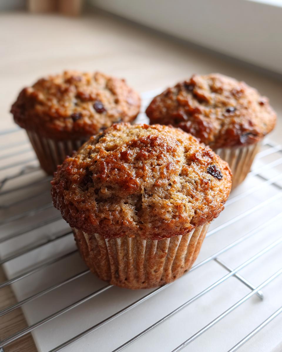 Three freshly baked honey bran muffins with dark, sugary tops cooling on a wire rack.