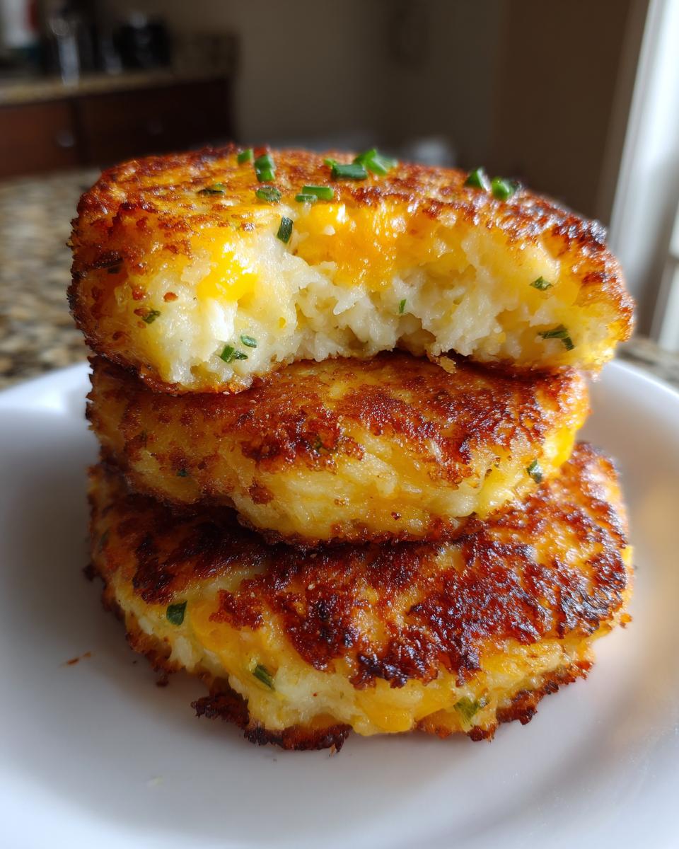 A stack of three golden-brown mashed potato cakes, with the top one broken open to show melted cheese inside.