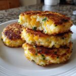A stack of three golden-brown, pan-fried mashed potato cakes filled with cheddar cheese and chives.