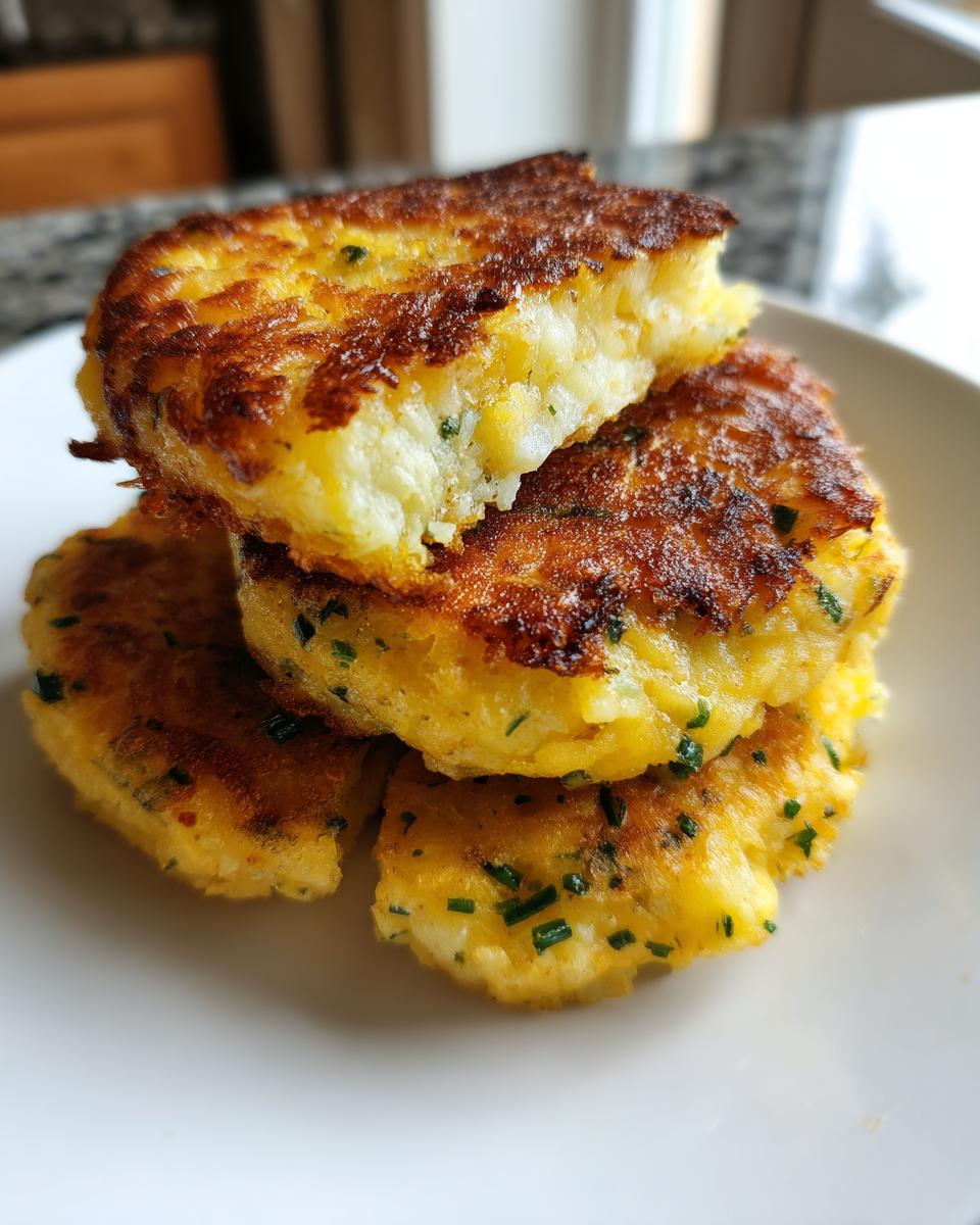 A stack of three golden brown, pan-fried mashed potato cakes, one cut open to show the fluffy interior with chives.