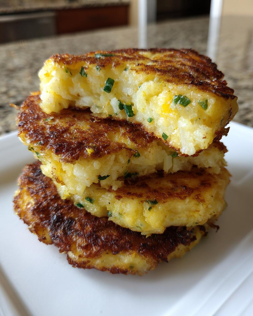 A stack of three golden brown, pan-fried mashed potato cakes garnished with green chives.