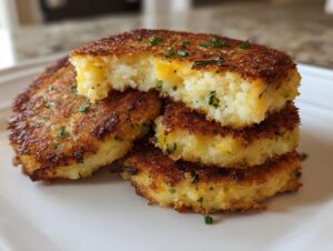 A stack of three golden brown, pan-fried mashed potato cakes, with the top one broken open to show cheese inside.