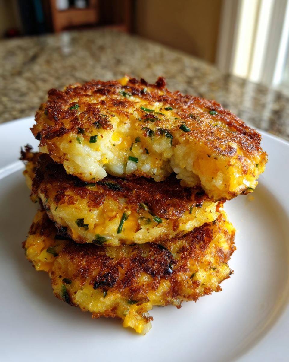 A stack of three golden brown, pan-fried mashed potato cakes showing melted cheese inside.