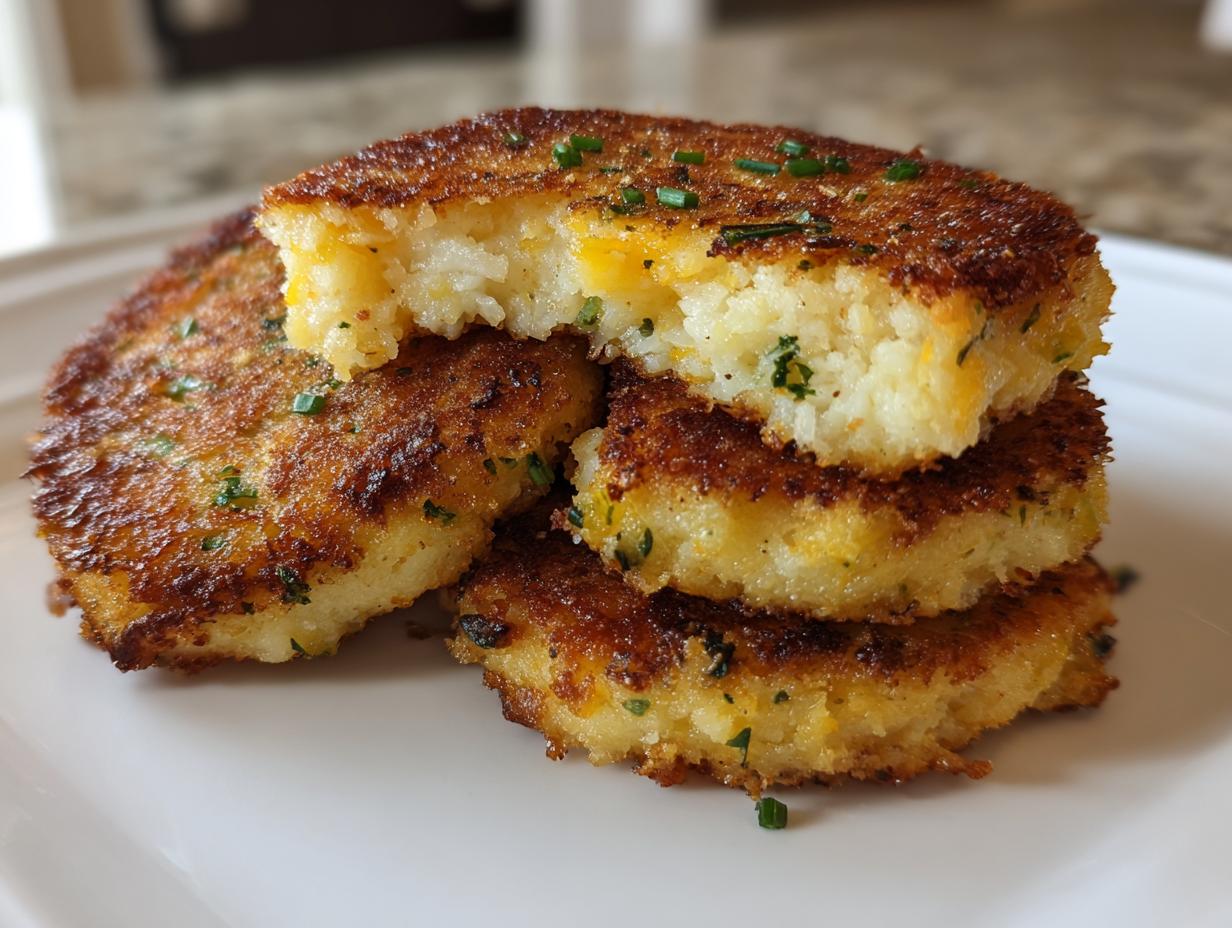 A stack of three golden brown, pan-fried mashed potato cakes, with the top one broken open to show cheese inside.