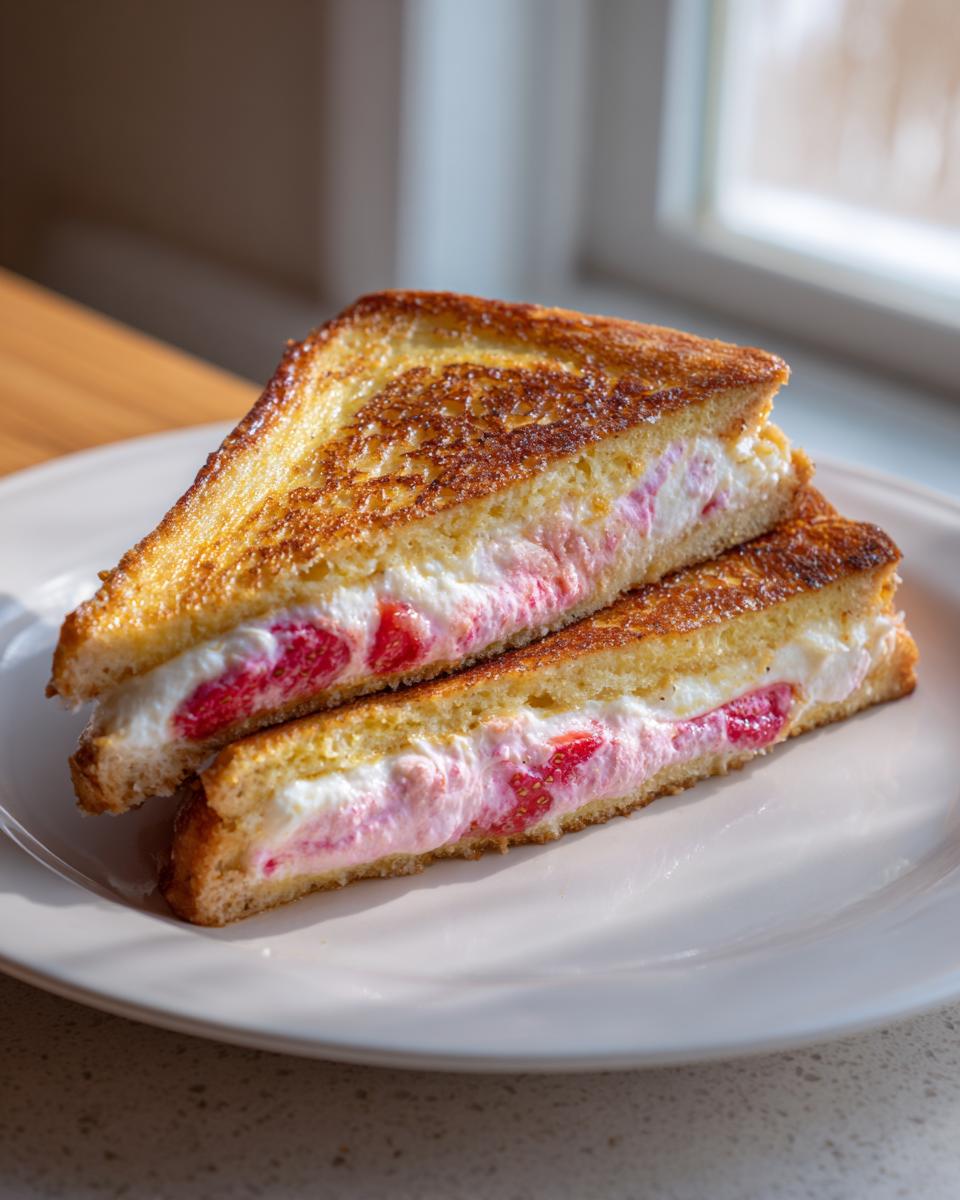 Two halves of golden brown stuffed french toast stacked, showing a thick, creamy pink filling with strawberry pieces.