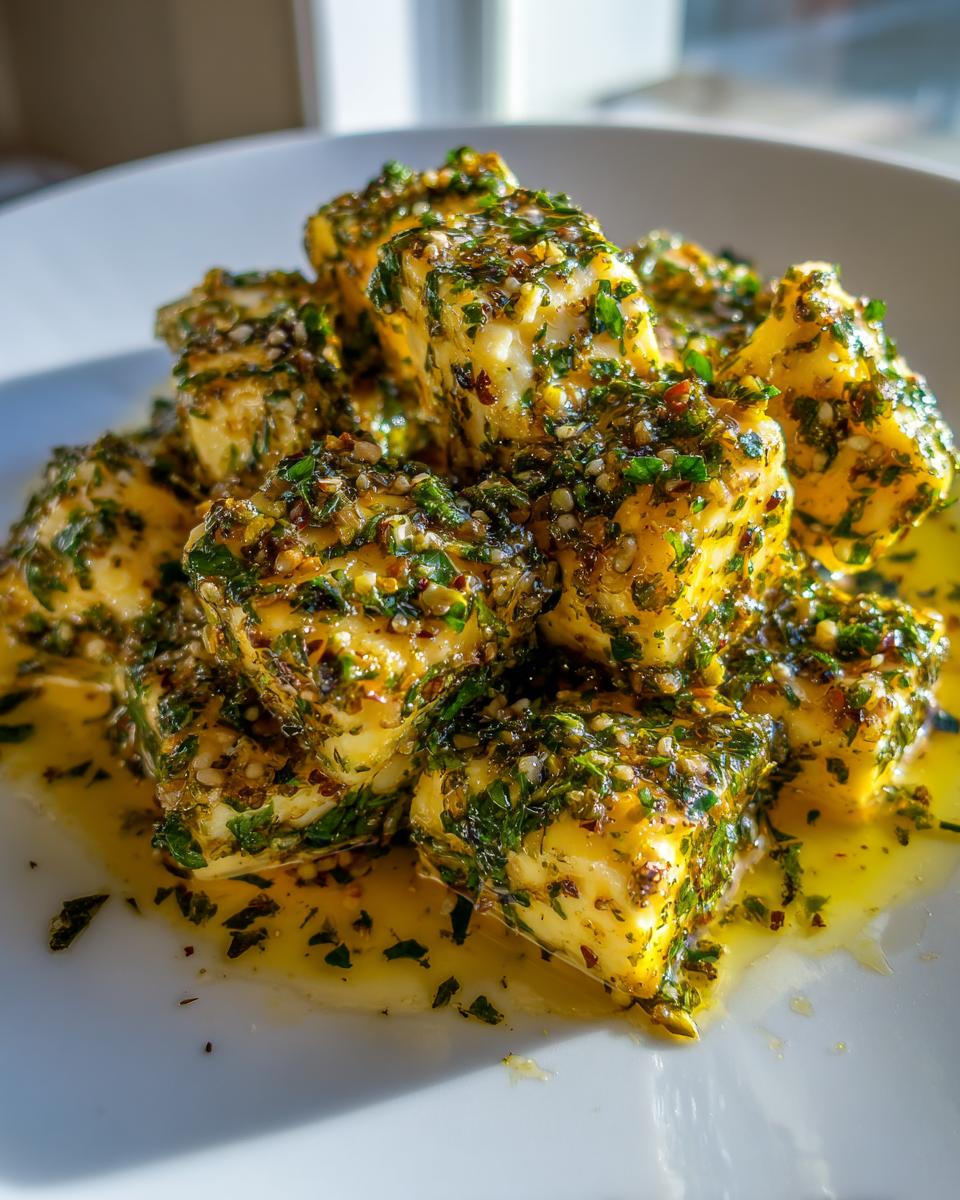 Cubes of white cheese generously coated in herbs, spices, and oil, showcasing delicious marinated cheese.