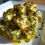 Close-up of delicious marinated cheese cubes heavily coated in green herbs and spices, resting in oil on a white serving dish.