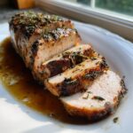 A perfectly cooked and sliced pork loin roast, glistening with pan juices and topped with herbs.