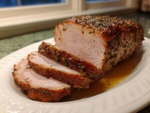 A beautifully roasted and sliced pork loin roast with a flavorful herb crust resting in its juices.