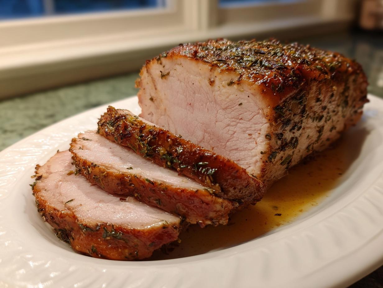 A beautifully roasted and sliced pork loin roast with a flavorful herb crust resting in its juices.