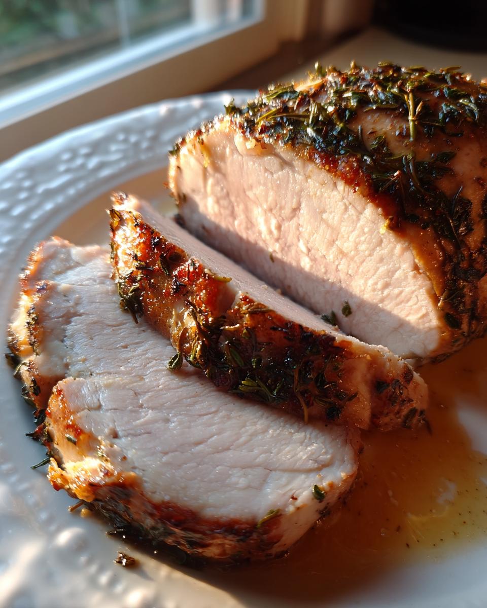 Close-up of a perfectly cooked pork loin roast, sliced to show the juicy interior and herb crust.