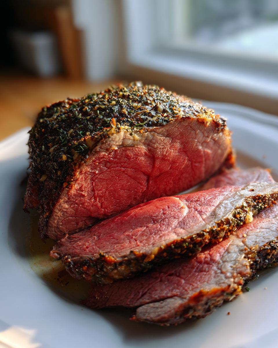 Close-up of a perfectly cooked prime rib recipe roast, sliced to show a medium-rare interior and herb crust.