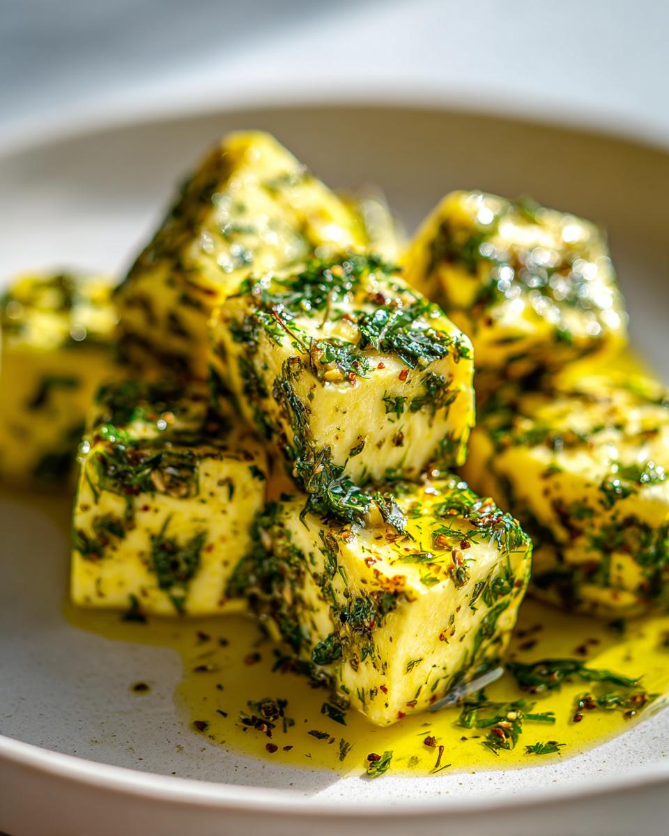 Close-up of yellow cheese cubes coated in green herbs and spices, resting in olive oil, showcasing marinated cheese.