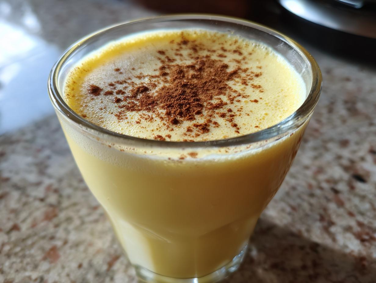 Close-up of a glass filled with creamy, yellow homemade eggnog, topped with a dusting of cinnamon.
