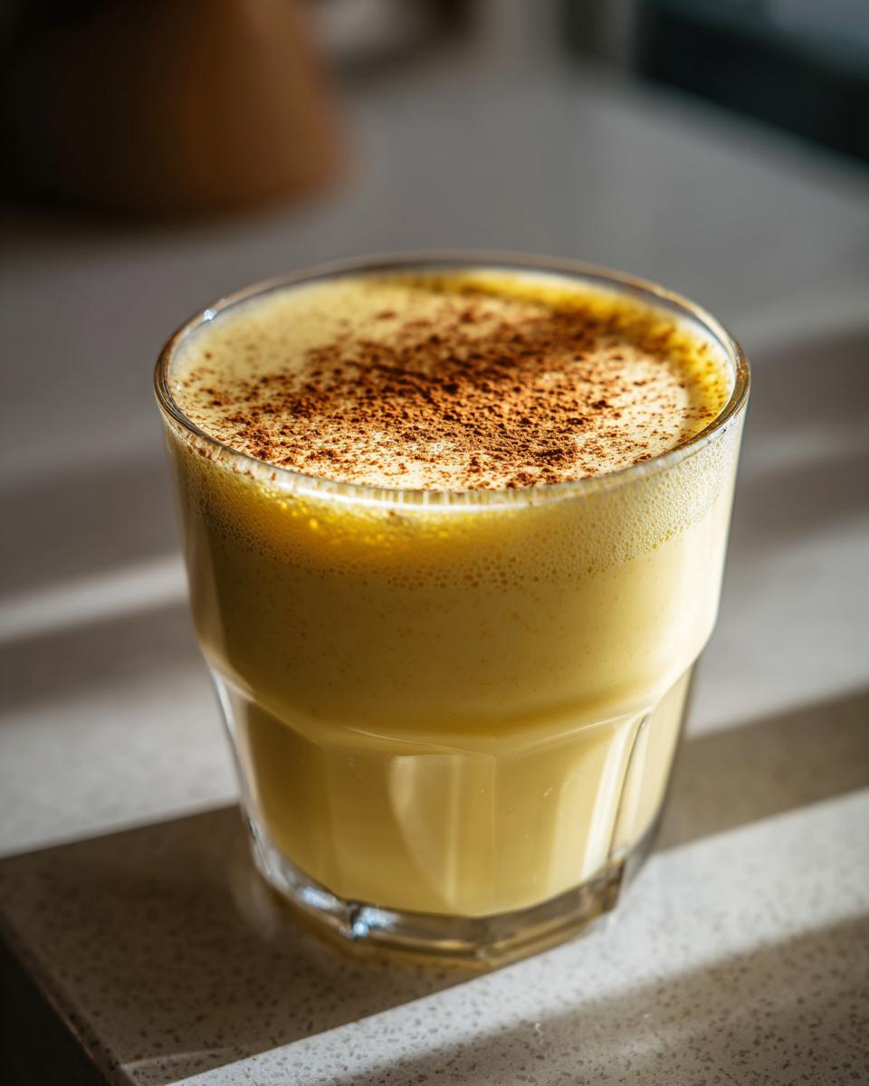 A close-up of rich, yellow homemade eggnog in a clear glass, topped with a dusting of cinnamon.