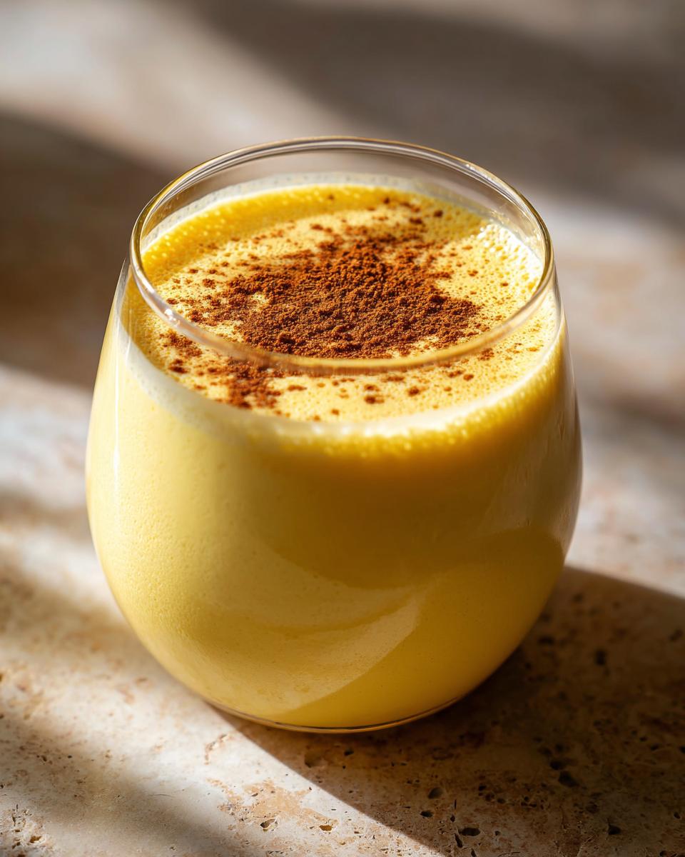 Close-up of a glass filled with thick, yellow homemade eggnog, generously dusted with cinnamon.