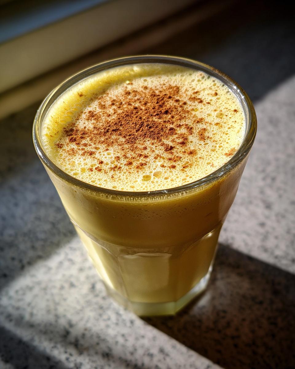 A tall glass filled with homemade eggnog, topped with a generous dusting of cinnamon spice.