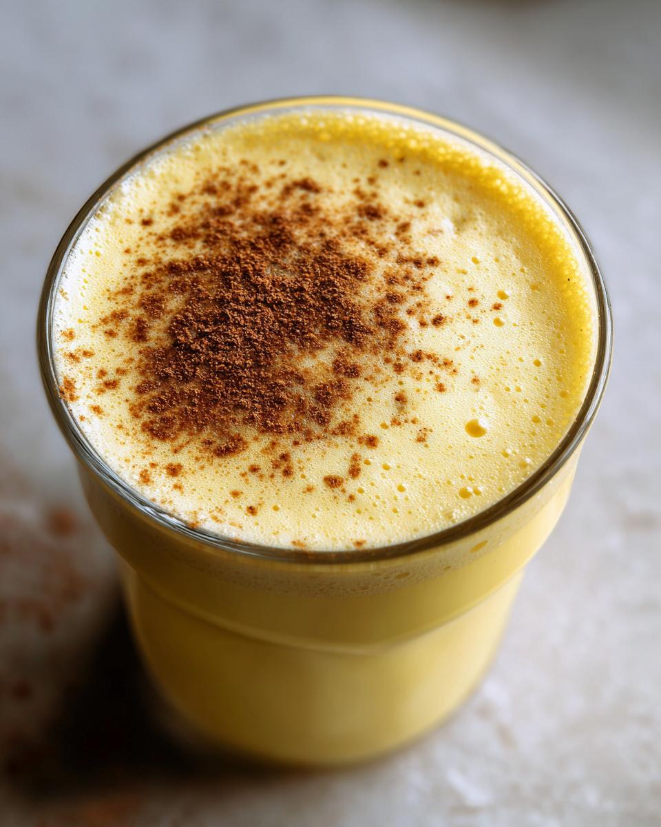 Close-up of a glass of creamy, yellow homemade eggnog topped with a generous dusting of cinnamon.
