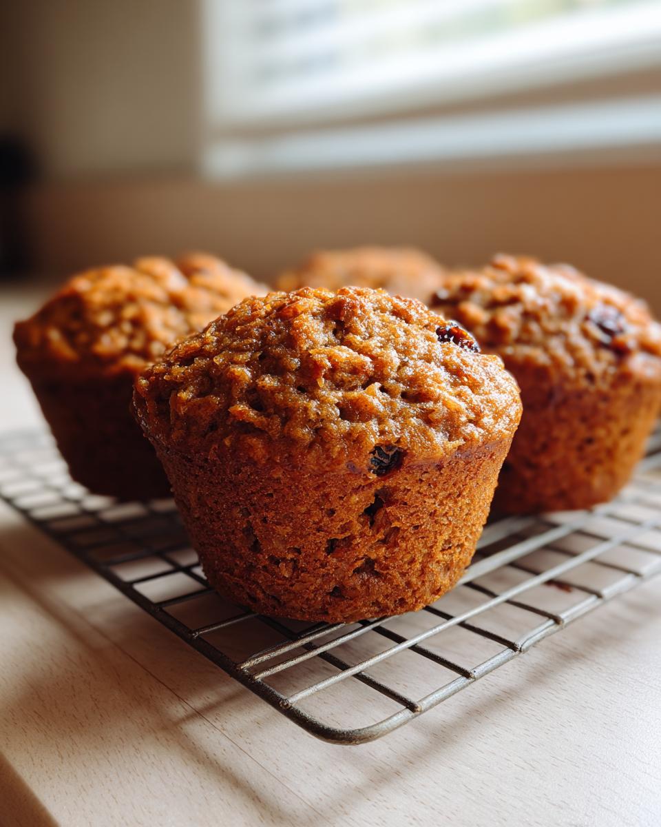 Close-up of several freshly baked honey bran muffins cooling on a wire rack indoors.