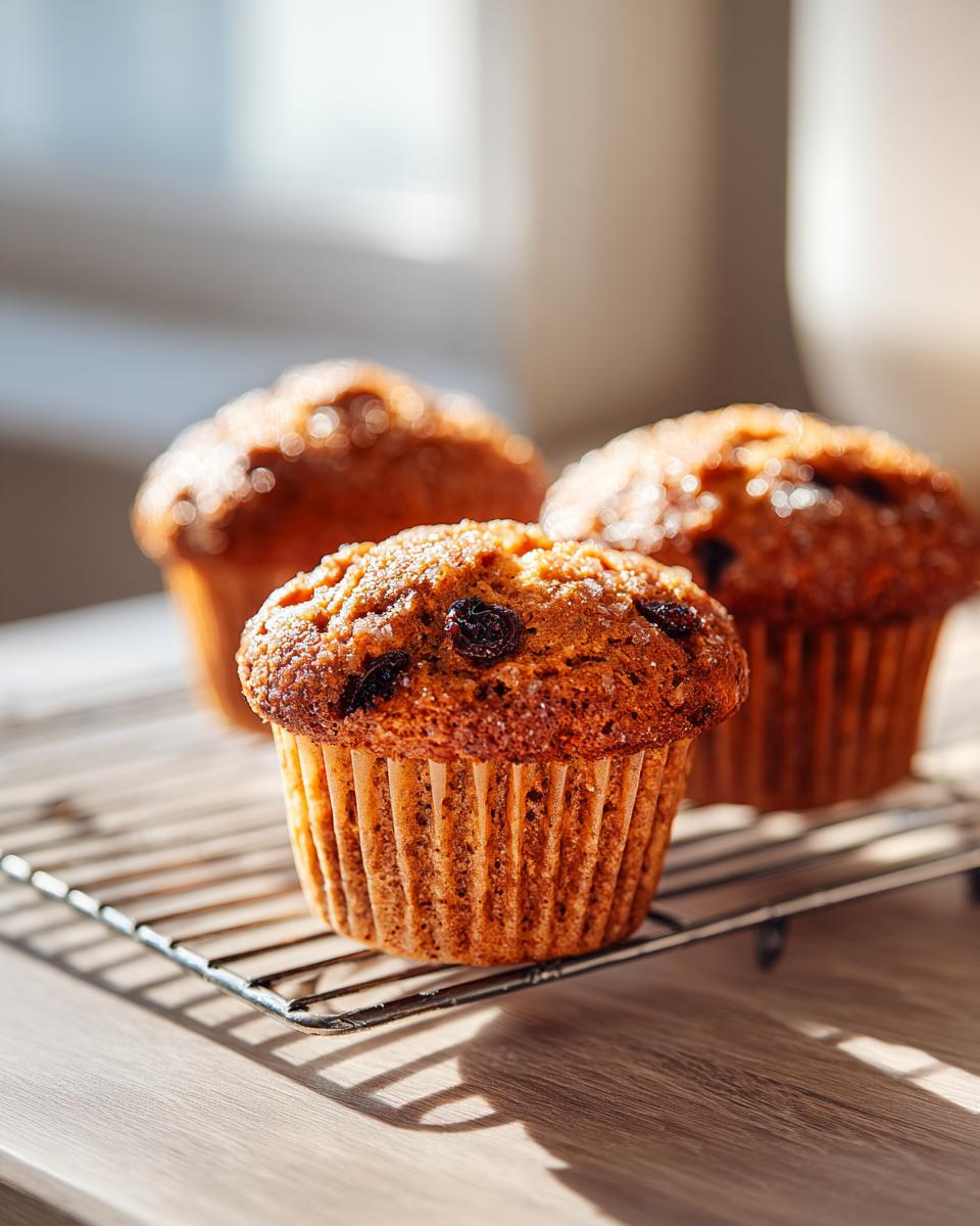 Three golden brown honey bran muffins with visible raisins cooling on a wire rack near a bright window.