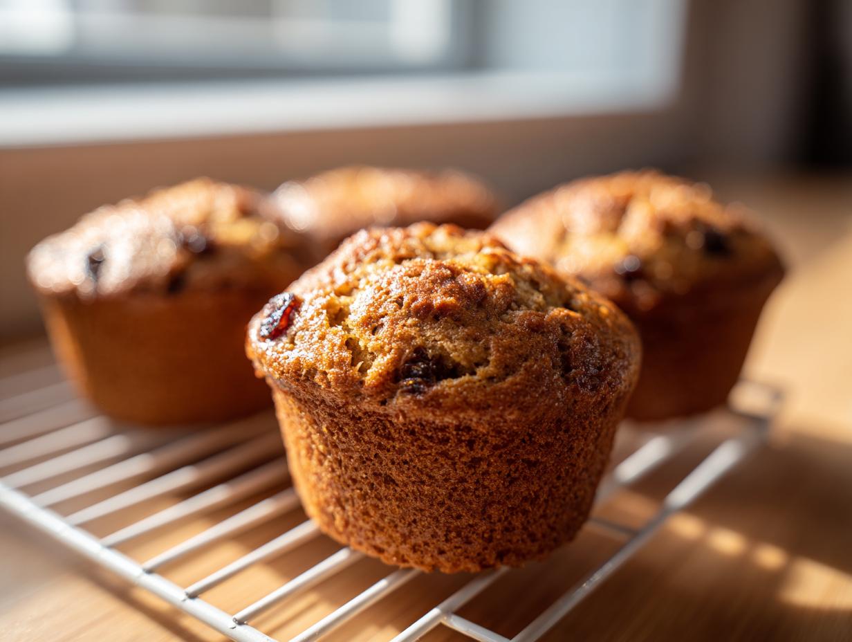 Close-up of freshly baked honey bran muffins cooling on a white wire rack near a sunny window.